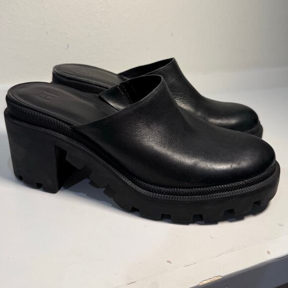 Gianni Bini Women’s Black Leather Platform Chunky Lug Sole Clog Mules 9.5 - Picture 1 of 16